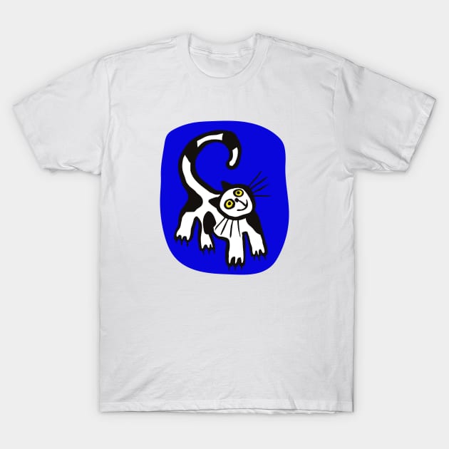 Black and White Cat in Blue+ T-Shirt by ceciliawaxberg